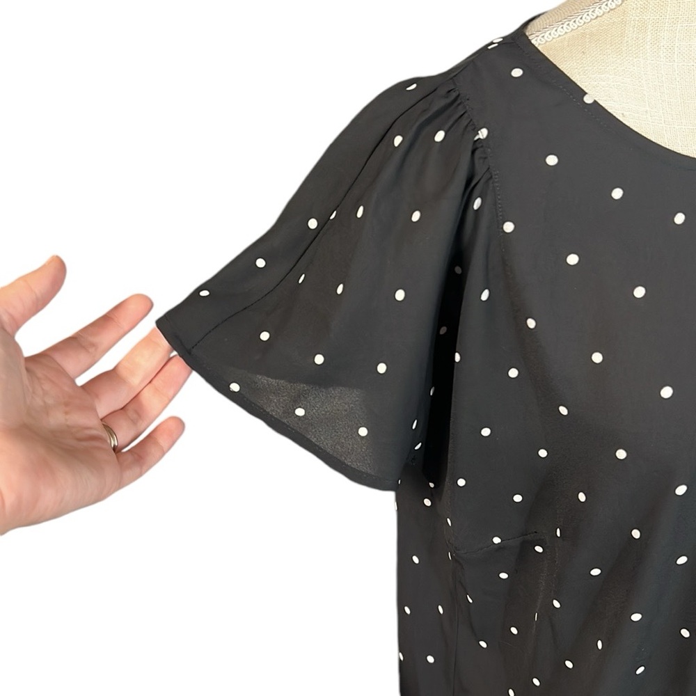 CeCe Short Sleeve Blouse Shirt Top Black White Polka Dot Womens Size L - Picture 3 of 8